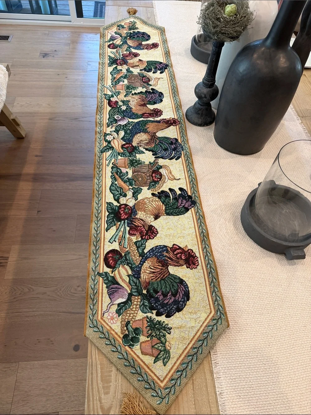 Rooster Tapestry Table Runner - Roosters with a Feast of Veggies